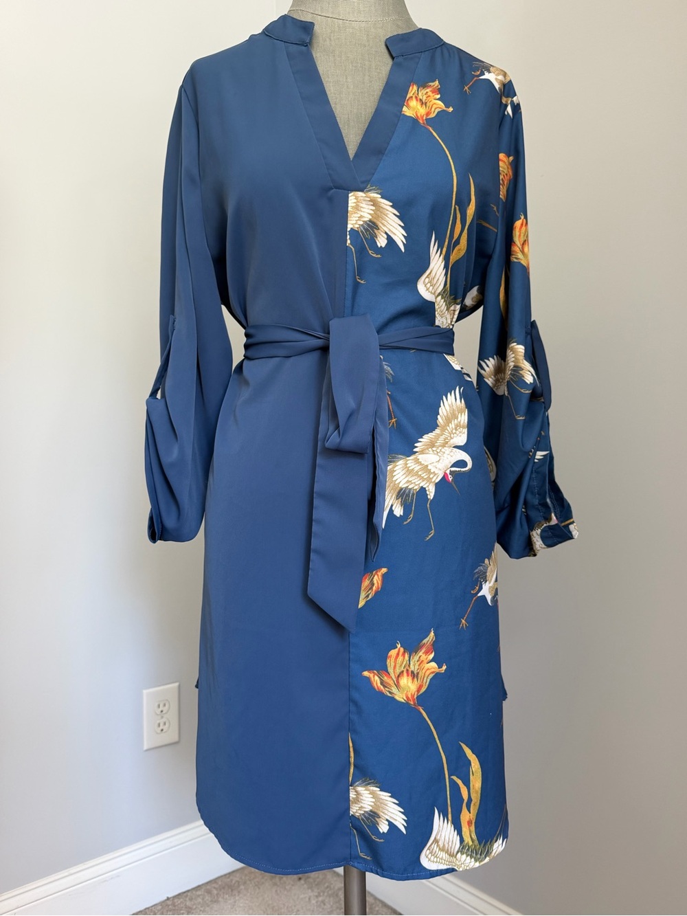 Clasi Patchwork Crane Print Tunic Shirtdress Notched V-Neck Size XL